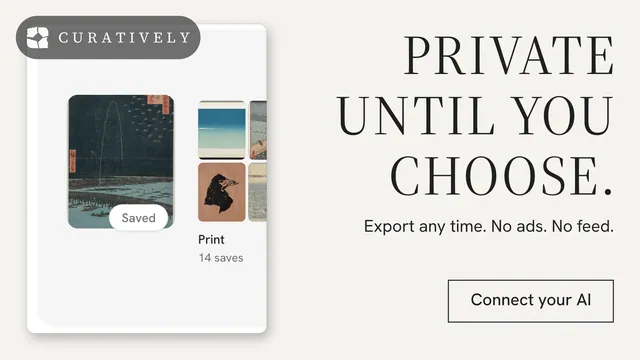Landscape graphic for Curatively: "Private until you choose." Editorial style, right layout, light palette in white, grey.
