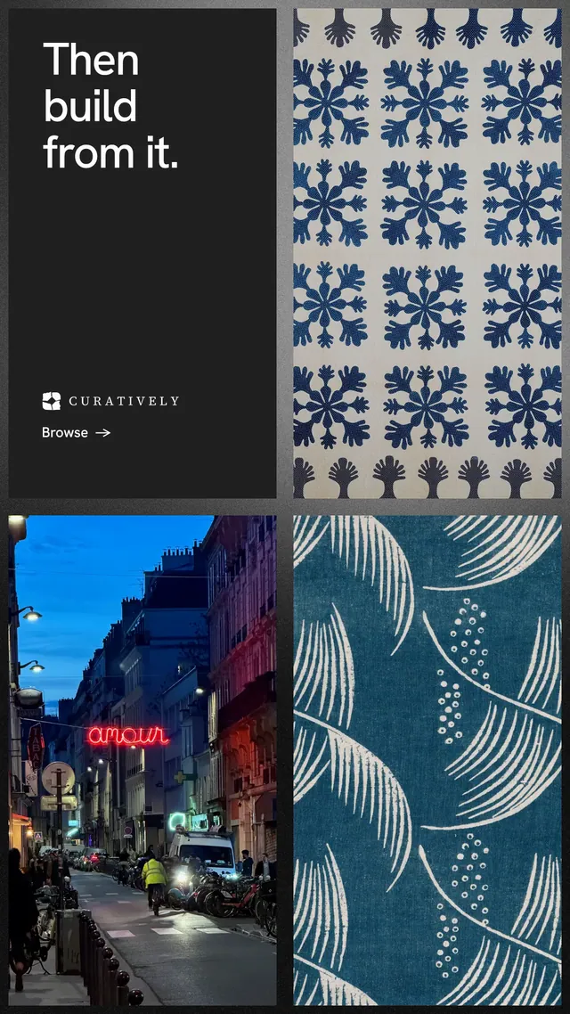 Instagram story for Curatively: "Then build from it." Minimal luxury style, collage layout, dark palette in black, blue, grey.