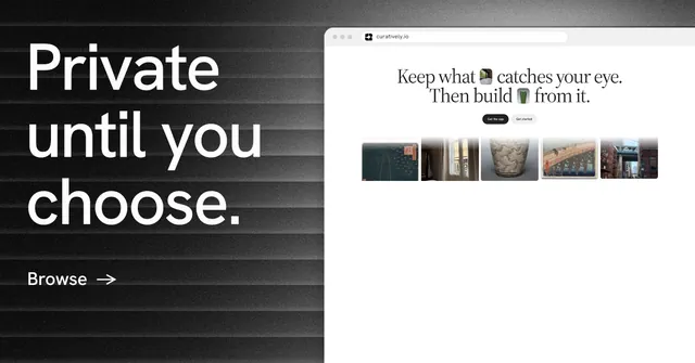 Social ad for Curatively: "Private until you choose." Minimal luxury style, browser layout, light palette in white, black, grey.