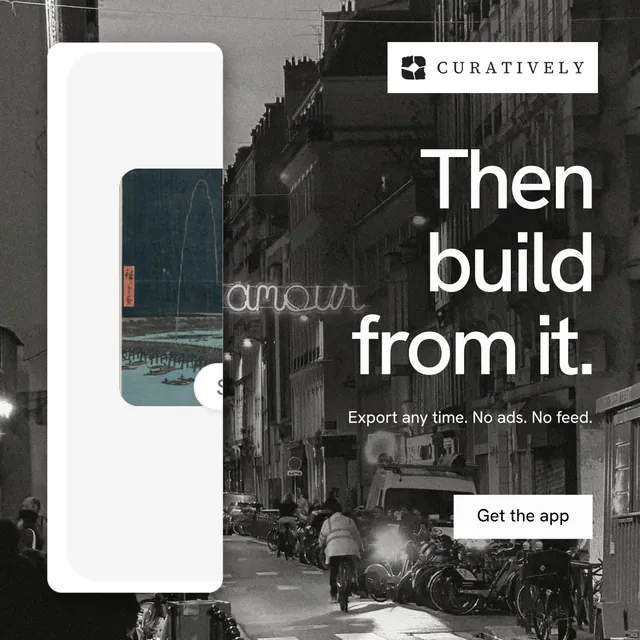 Instagram post for Curatively: "Then build from it." Swiss style, right layout, dark palette in white, black, grey.