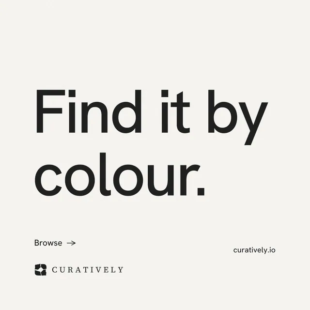 Instagram post for Curatively: "Find it by colour." Minimal luxury style, poster layout, light palette in white, grey.