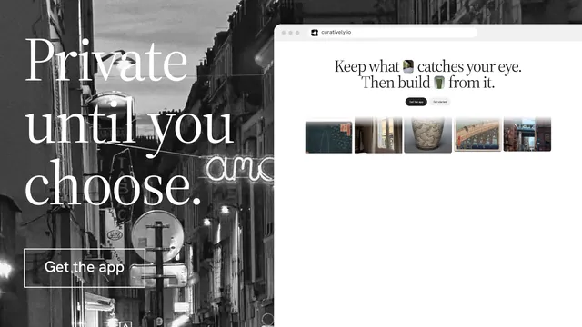 Landscape graphic for Curatively: "Private until you choose." Editorial style, browser layout, light palette in white, black, grey.