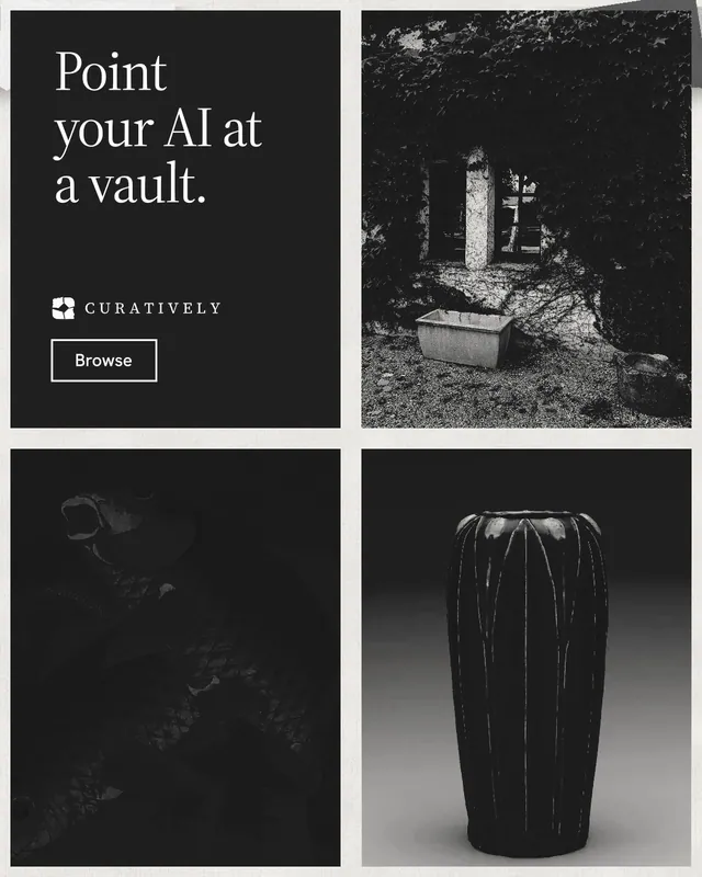 Instagram portrait post for Curatively: "Point your AI at a vault." Editorial style, collage layout, dark palette in black, grey.