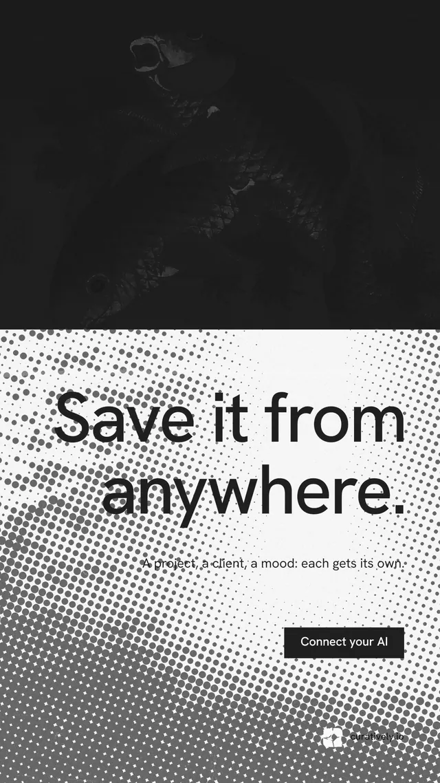 Instagram story for Curatively: "Save it from anywhere." Retro print style, right layout, light palette in black, grey, white.