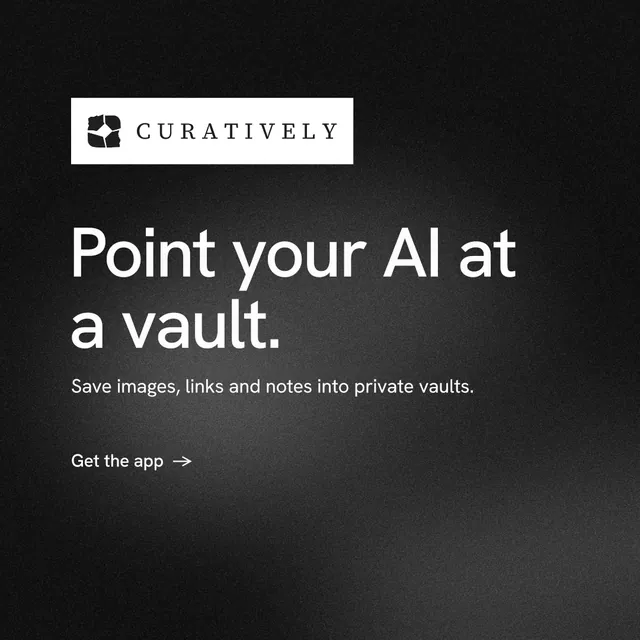 Instagram post for Curatively: "Point your AI at a vault." Minimal luxury style, announce layout, dark palette in black, grey.