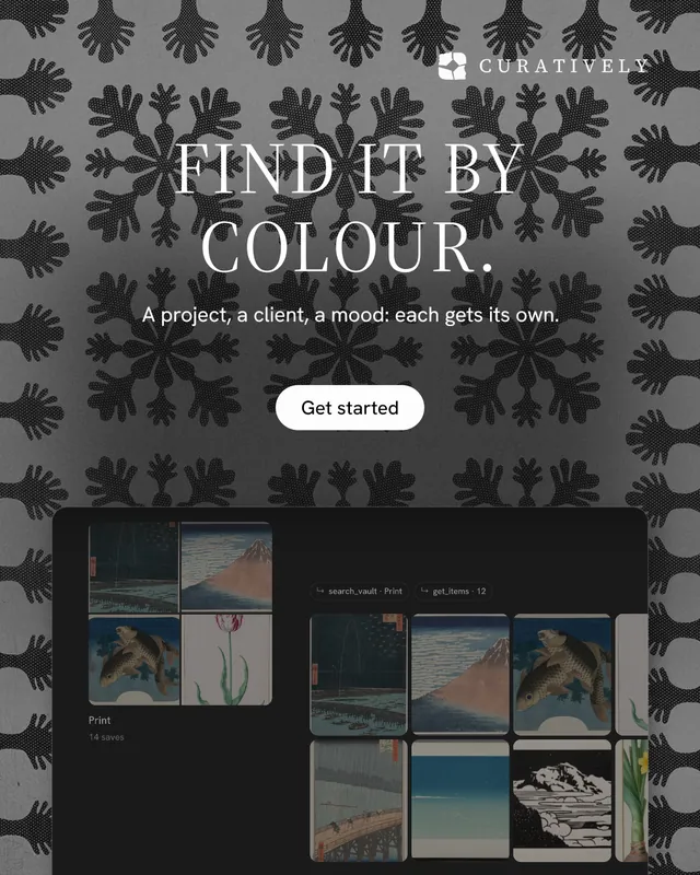 Instagram portrait post for Curatively: "Find it by colour." Photo poster style, centred layout, dark palette in black, grey.