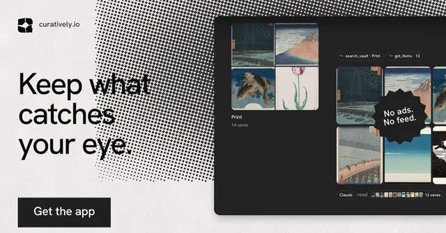 Social ad for Curatively: "Keep what catches your eye." Swiss style, sticker layout, light palette in black, grey, white.