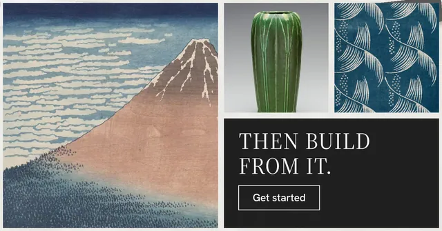 Social ad for Curatively: "Then build from it." Editorial style, collage layout, light palette in grey, black.