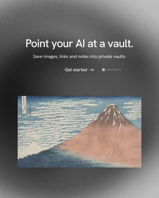 Instagram portrait post for Curatively: "Point your AI at a vault." Minimal luxury style, centred layout, light palette in grey, black.
