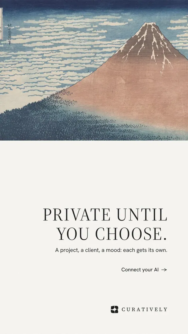 Instagram story for Curatively: "Private until you choose." Minimal luxury style, right layout, light palette in white, grey.