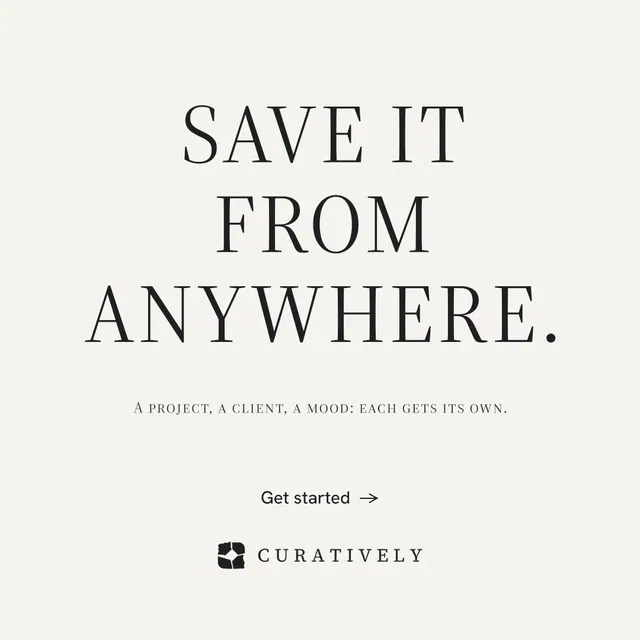 Instagram post for Curatively: "Save it from anywhere." Minimal luxury style, smallcaps layout, light palette in white, grey.