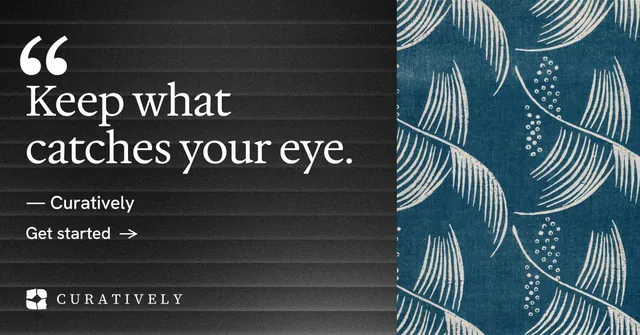 Social ad for Curatively: "Keep a vault for each thing you make." Minimal luxury style, quote layout, dark palette in black, blue, grey.