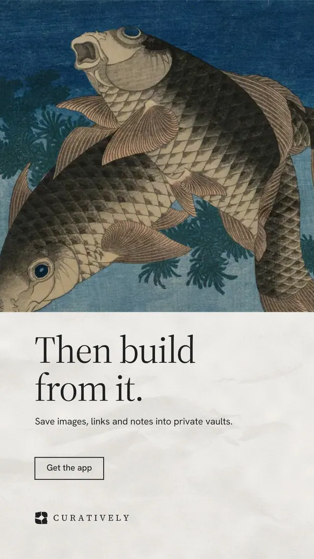 Instagram story for Curatively: "Then build from it." Editorial style, bottom layout, light palette in blue, grey, white.