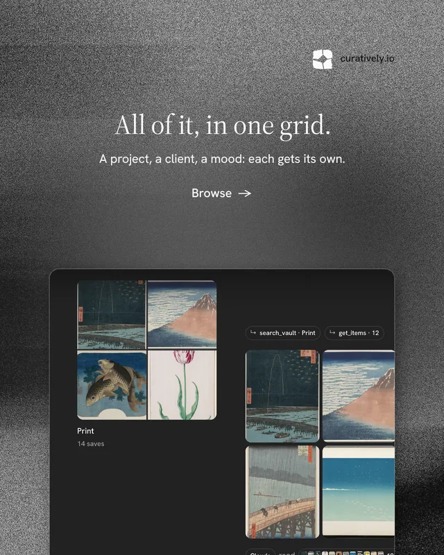 Instagram portrait post for Curatively: "All of it, in one grid." Minimal luxury style, centred layout, dark palette in black, grey.