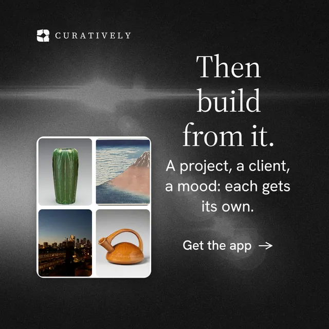 Instagram post for Curatively: "Then build from it." Minimal luxury style, skeleton layout, dark palette in grey, black.