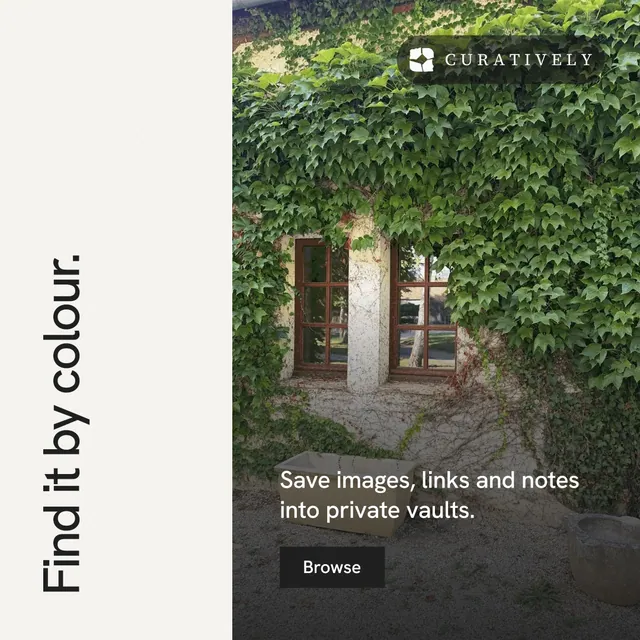 Instagram post for Curatively: "Find it by colour." Swiss style, vertical layout, light palette in white, grey, black.