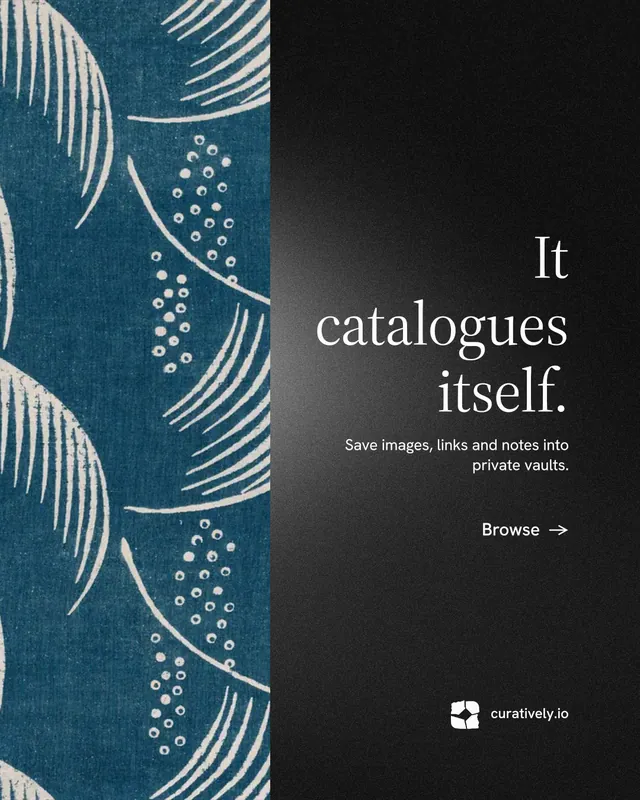 Instagram portrait post for Curatively: "It catalogues itself." Minimal luxury style, right layout, dark palette in blue, black, grey.