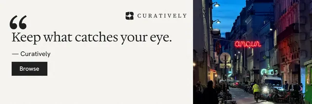 X header for Curatively: "All of it, in one grid." Swiss style, quote layout, light palette in white, purple, grey.