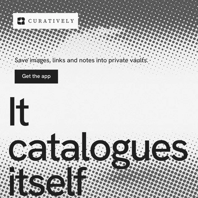 Instagram post for Curatively: "Keep a vault for each thing you make." Swiss style, oversized layout, light palette in grey, white.