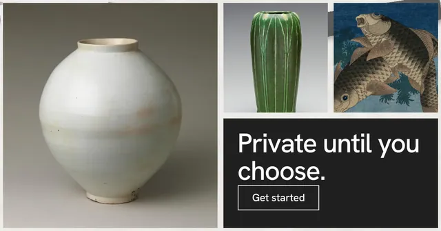 Social ad for Curatively: "Private until you choose." Editorial style, collage layout, light palette in grey, black, white.
