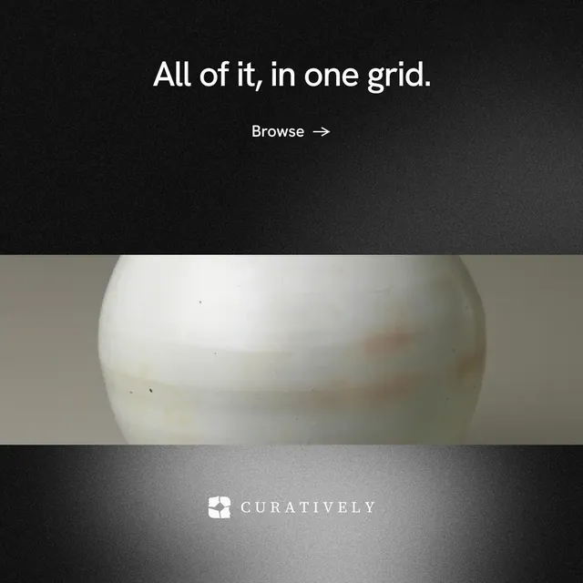 Instagram post for Curatively: "All of it, in one grid." Minimal luxury style, skeleton layout, dark palette in black, grey.