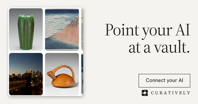 Social ad for Curatively: "Point your AI at a vault." Editorial style, right layout, light palette in white, grey.
