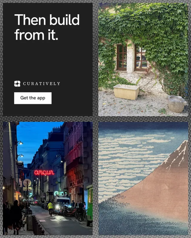Instagram portrait post for Curatively: "Then build from it." Swiss style, collage layout, dark palette in black, grey, orange.
