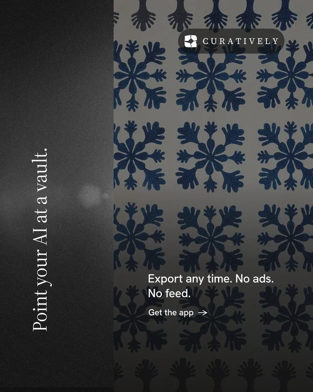 Instagram portrait post for Curatively: "Point your AI at a vault." Minimal luxury style, vertical layout, dark palette in black, grey.