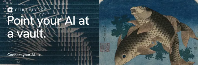 X header for Curatively: "Point your AI at a vault." Minimal luxury style, bottom layout, dark palette in blue, grey.
