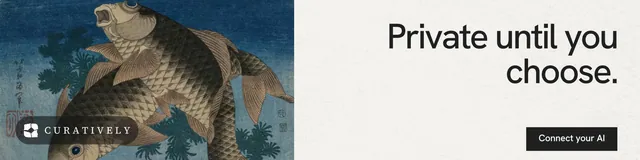 LinkedIn banner for Curatively: "Private until you choose." Swiss style, right layout, light palette in white, blue, grey.