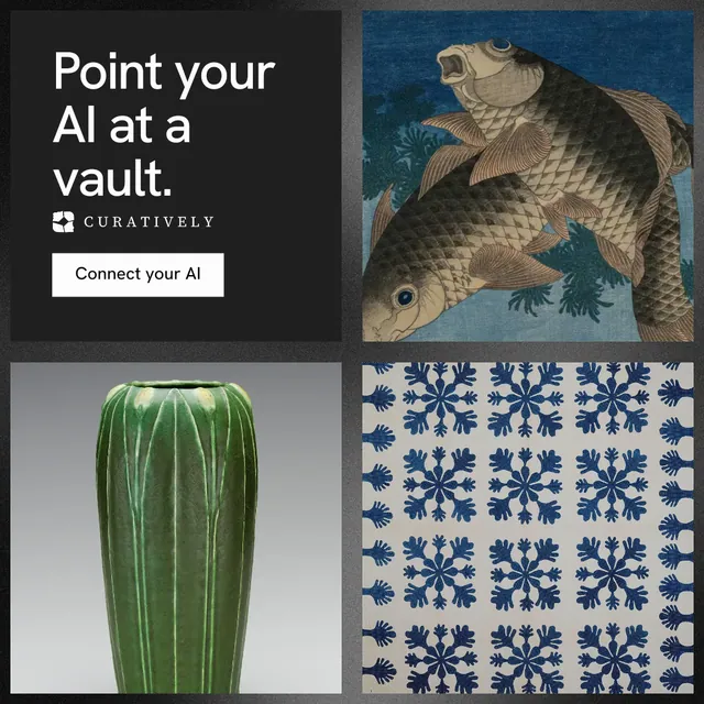 Instagram post for Curatively: "Point your AI at a vault." Swiss style, collage layout, dark palette in black, grey, blue.
