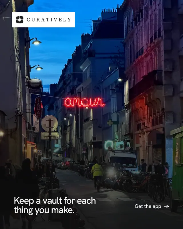 Instagram portrait post for Curatively: "Keep a vault for each thing you make." Swiss style, image led layout, dark palette in black, blue, pink.
