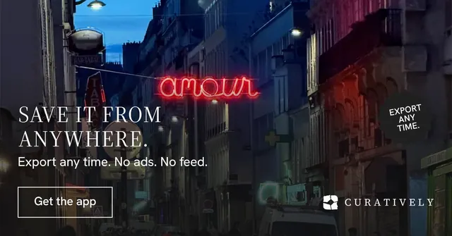 Social ad for Curatively: "Save it from anywhere." Editorial style, sticker layout, dark palette in black, red, grey.