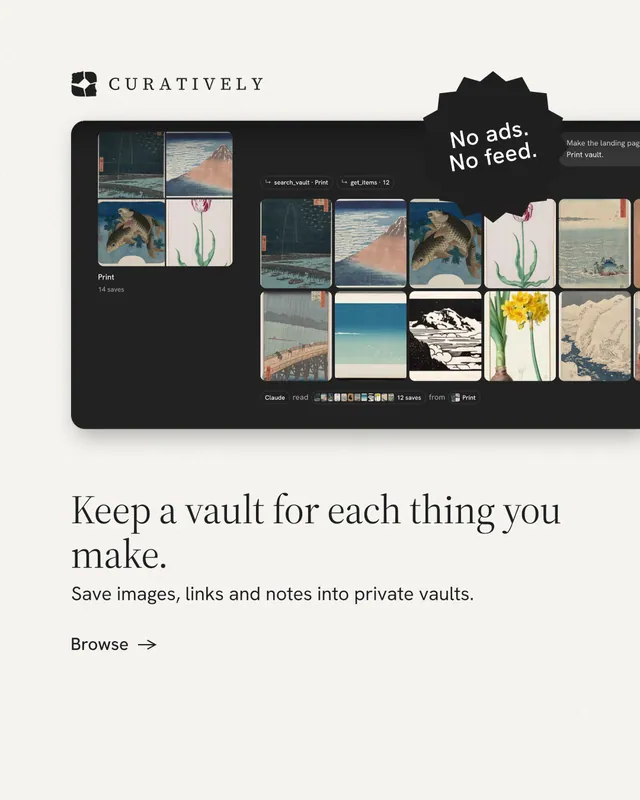Instagram portrait post for Curatively: "Keep a vault for each thing you make." Minimal luxury style, sticker layout, light palette in white, black, grey.