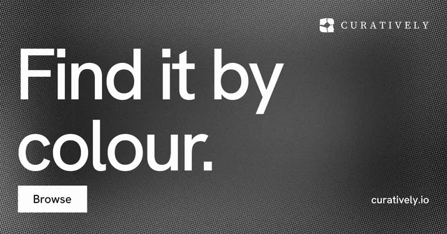 Social ad for Curatively: "Find it by colour." Swiss style, poster layout, dark palette in grey, black.