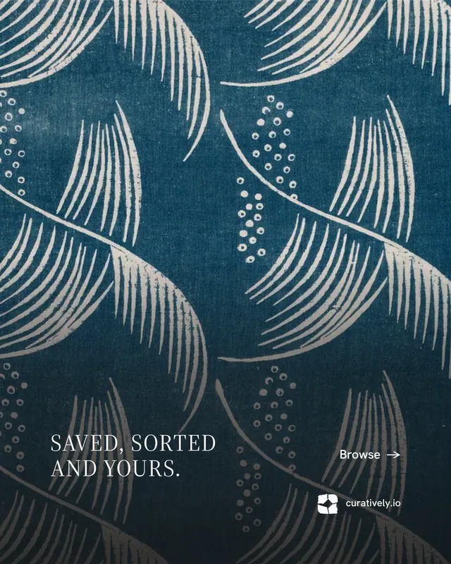 Instagram portrait post for Curatively: "Saved, sorted and yours." Minimal luxury style, image led layout, dark palette in blue, grey.