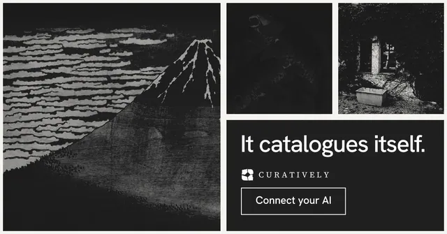 Social ad for Curatively: "It catalogues itself." Editorial style, collage layout, dark palette in black, grey.