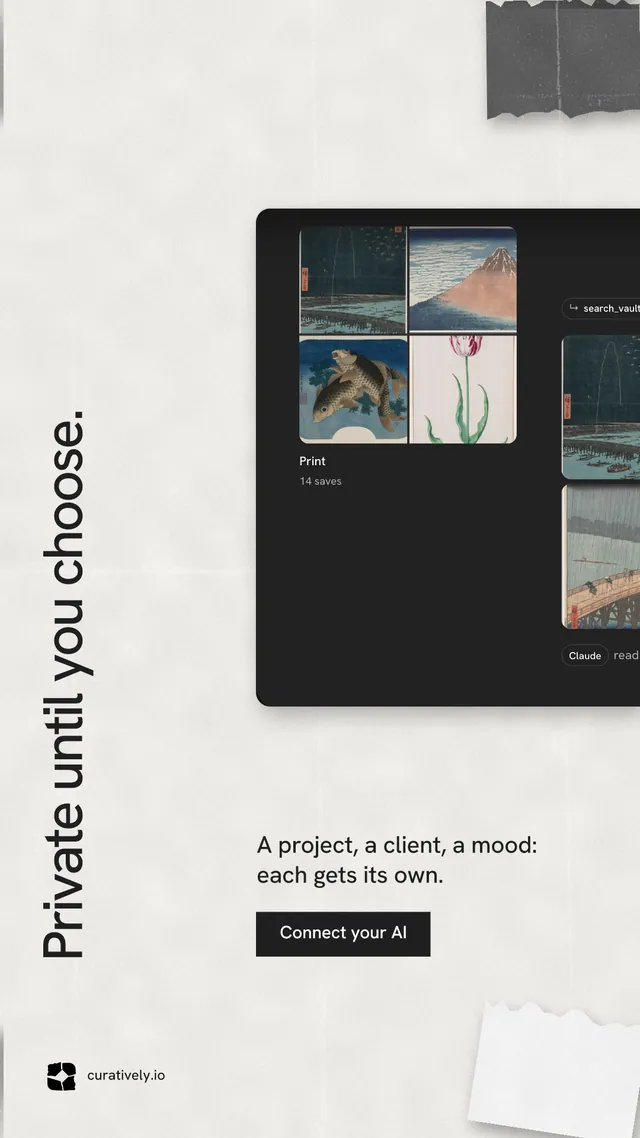 Instagram story for Curatively: "Private until you choose." Swiss style, vertical layout, light palette in white, black, grey.