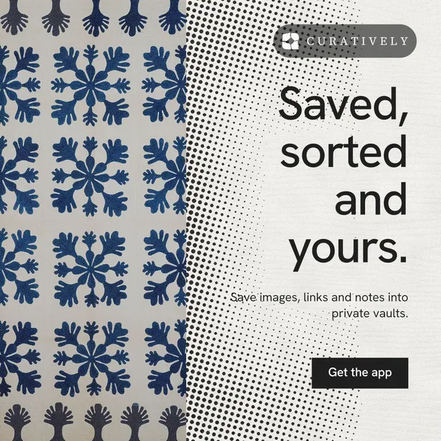 Instagram post for Curatively: "Saved, sorted and yours." Swiss style, right layout, light palette in grey, white.