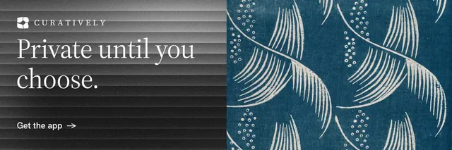 X header for Curatively: "Private until you choose." Minimal luxury style, bottom layout, dark palette in blue, black, grey.