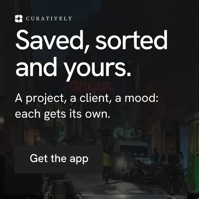 Instagram post for Curatively: "Saved, sorted and yours." Swiss style, skeleton layout, dark palette in black, grey.