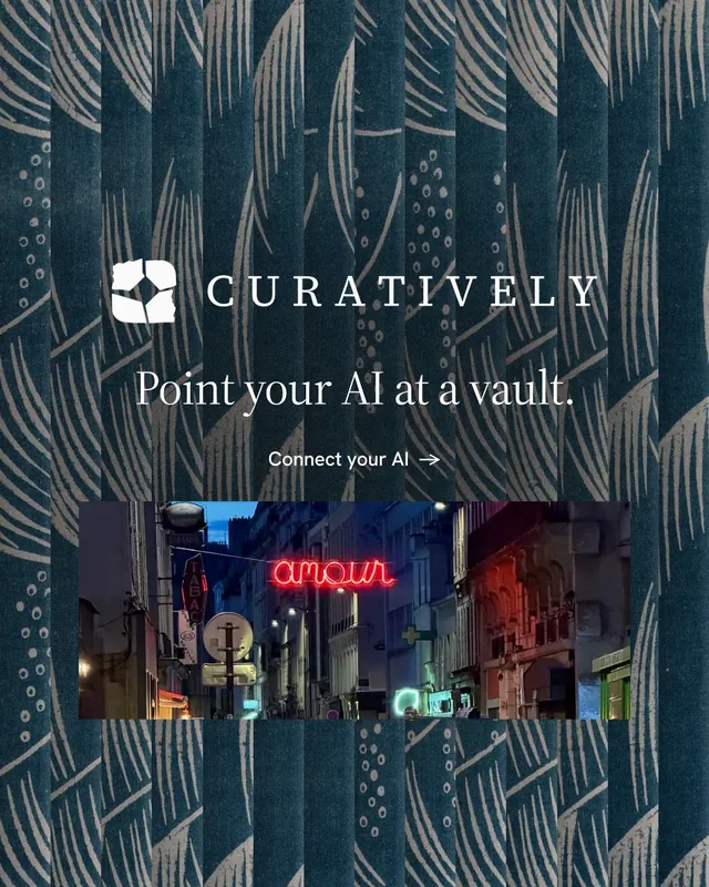 Instagram portrait post for Curatively: "Point your AI at a vault." Minimal luxury style, logo hero layout, dark palette in blue, grey, black.