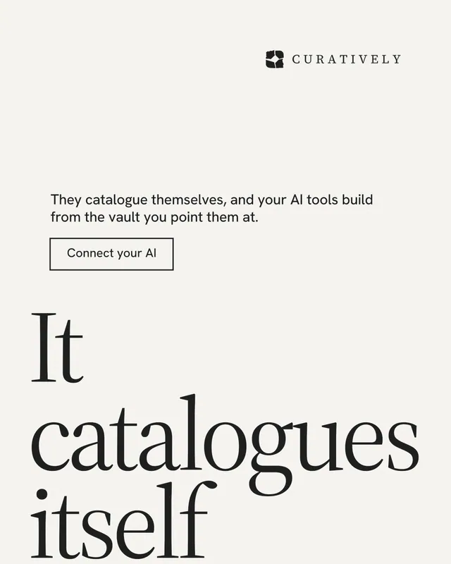 Instagram portrait post for Curatively: "Private until you choose." Editorial style, oversized layout, light palette in white, grey.