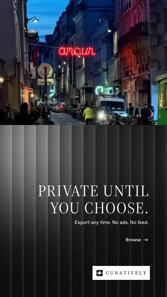 Instagram story for Curatively: "Private until you choose." Minimal luxury style, right layout, dark palette in black, grey, pink.