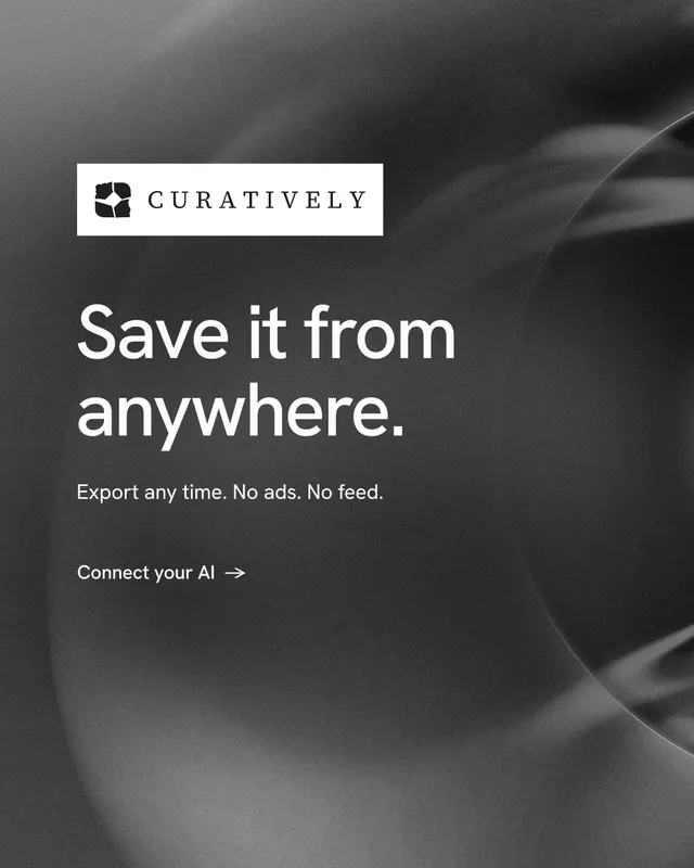 Instagram portrait post for Curatively: "Save it from anywhere." Minimal luxury style, announce layout, dark palette in grey, black.