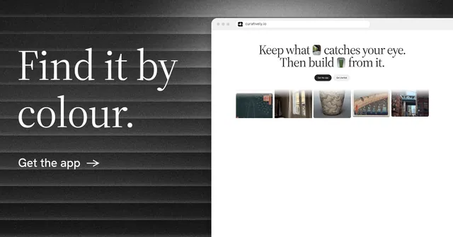 Social ad for Curatively: "Find it by colour." Minimal luxury style, browser layout, light palette in white, black, grey.