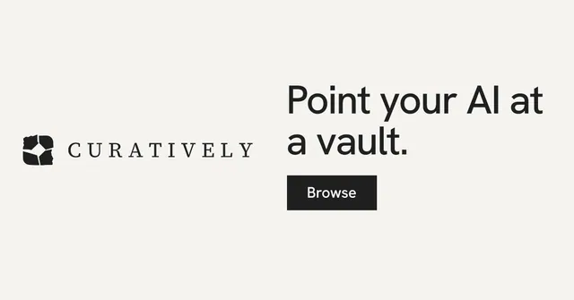 Social ad for Curatively: "Point your AI at a vault." Swiss style, logo hero layout, light palette in white.