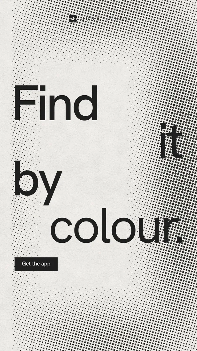 Instagram story for Curatively: "Find it by colour." Swiss style, stacked layout, light palette in grey, white.