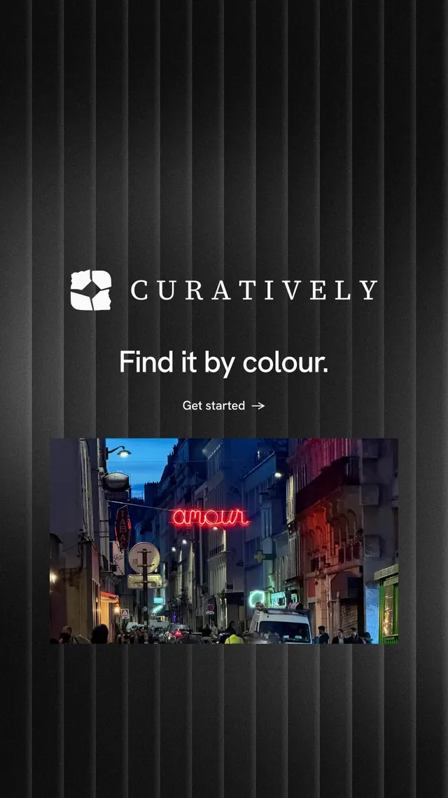 Instagram story for Curatively: "Find it by colour." Minimal luxury style, logo hero layout, dark palette in black, grey.