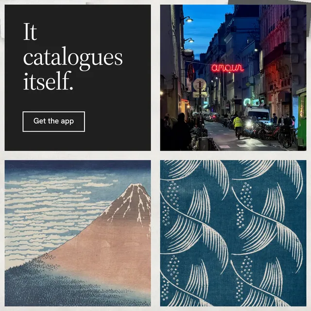 Instagram post for Curatively: "It catalogues itself." Editorial style, collage layout, dark palette in grey, black, blue.
